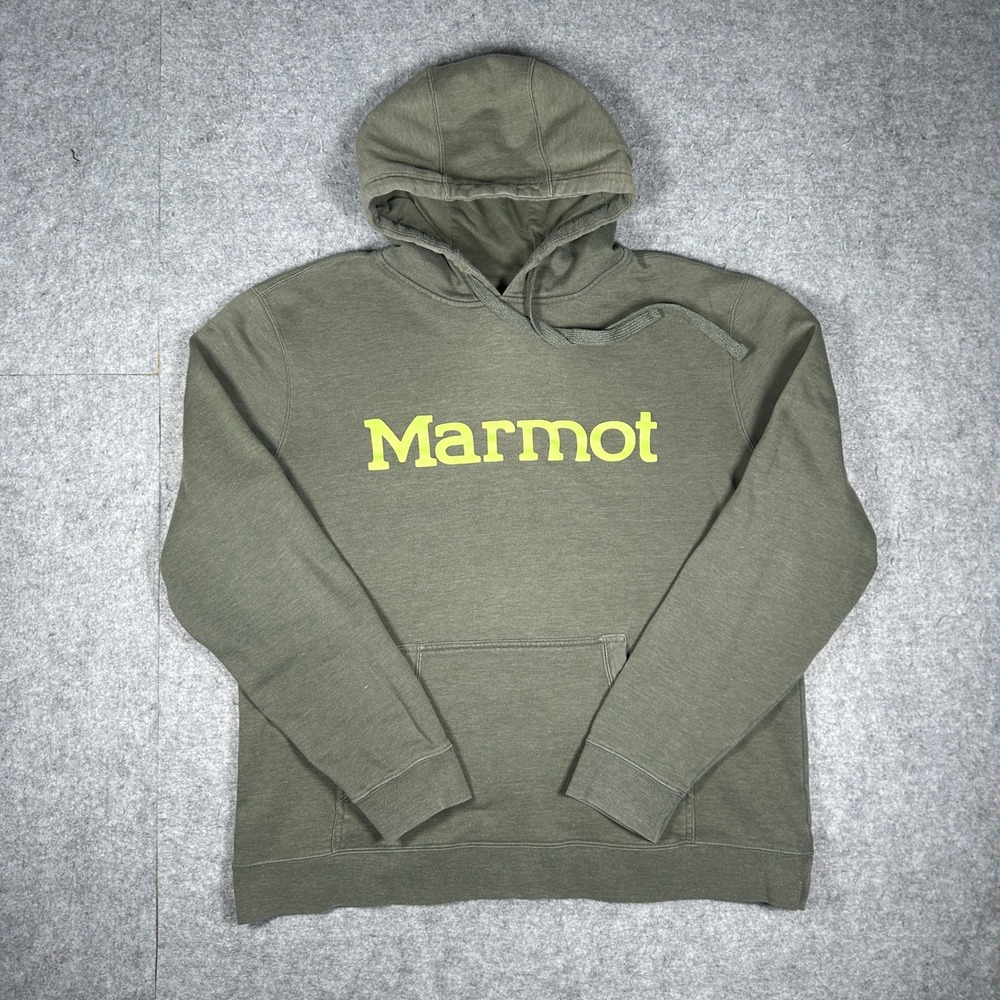 Marmot Hoodie Men XL Green Logo Pullover Hiking Outdoor Gorpcore Sweatshirt